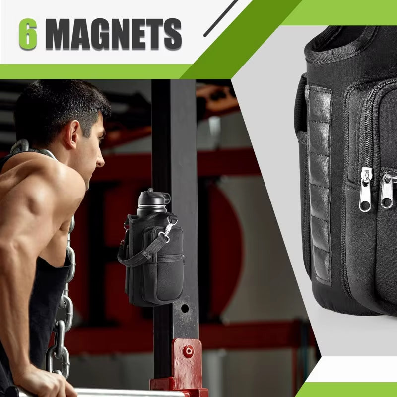 Magnetic Water Bottle Carrier with Phone Pocket and Shoulder Strap - 6 Built-In Magnets
