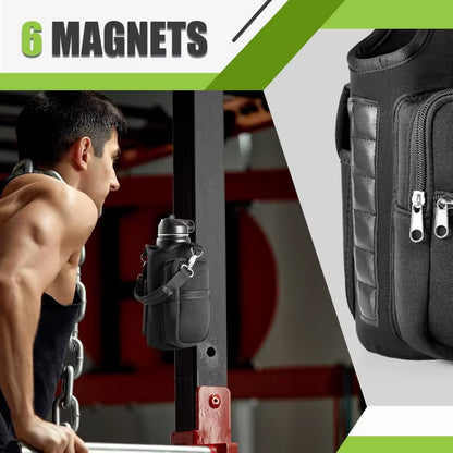 Magnetic Water Bottle Carrier with Phone Pocket and Shoulder Strap - 6 Built-In Magnets