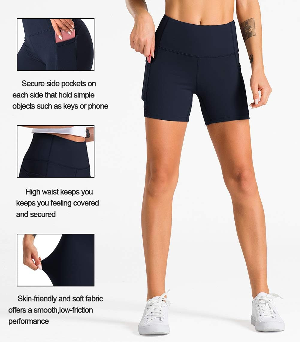 High-Waisted Women's Athletic Shorts with Tummy Control and Dual Side Pockets for Gym, Yoga, and Running