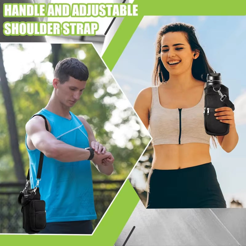 Magnetic Water Bottle Carrier with Phone Pocket and Shoulder Strap - 6 Built-In Magnets