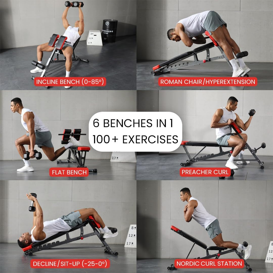 Finer Form Multi-Functional FID Weight Bench for Comprehensive Body Workout – Hyper Back Extension, Roman Chair, Adjustable Ab Sit-Up Bench, Incline/Decline Bench, Flat Bench