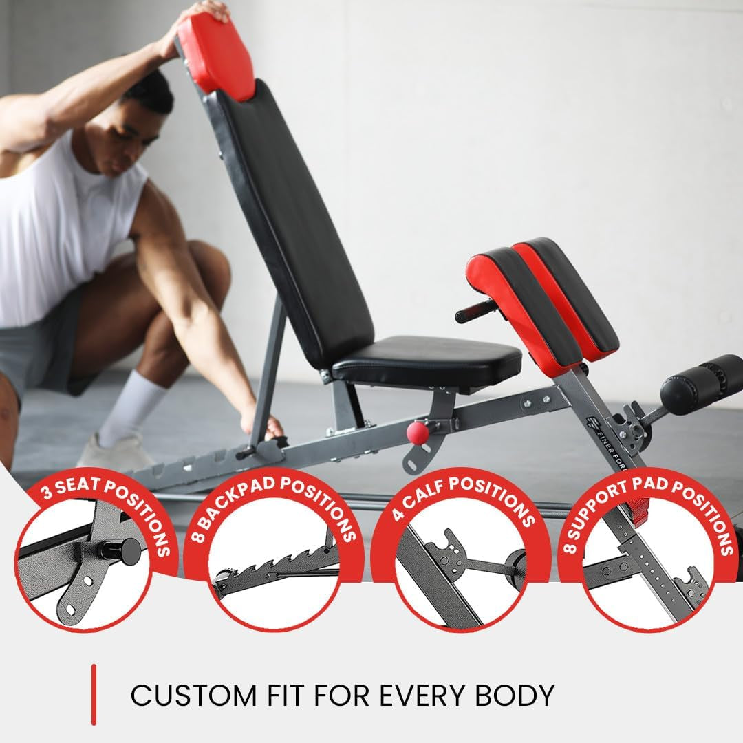 Finer Form Multi-Functional FID Weight Bench for Comprehensive Body Workout – Hyper Back Extension, Roman Chair, Adjustable Ab Sit-Up Bench, Incline/Decline Bench, Flat Bench