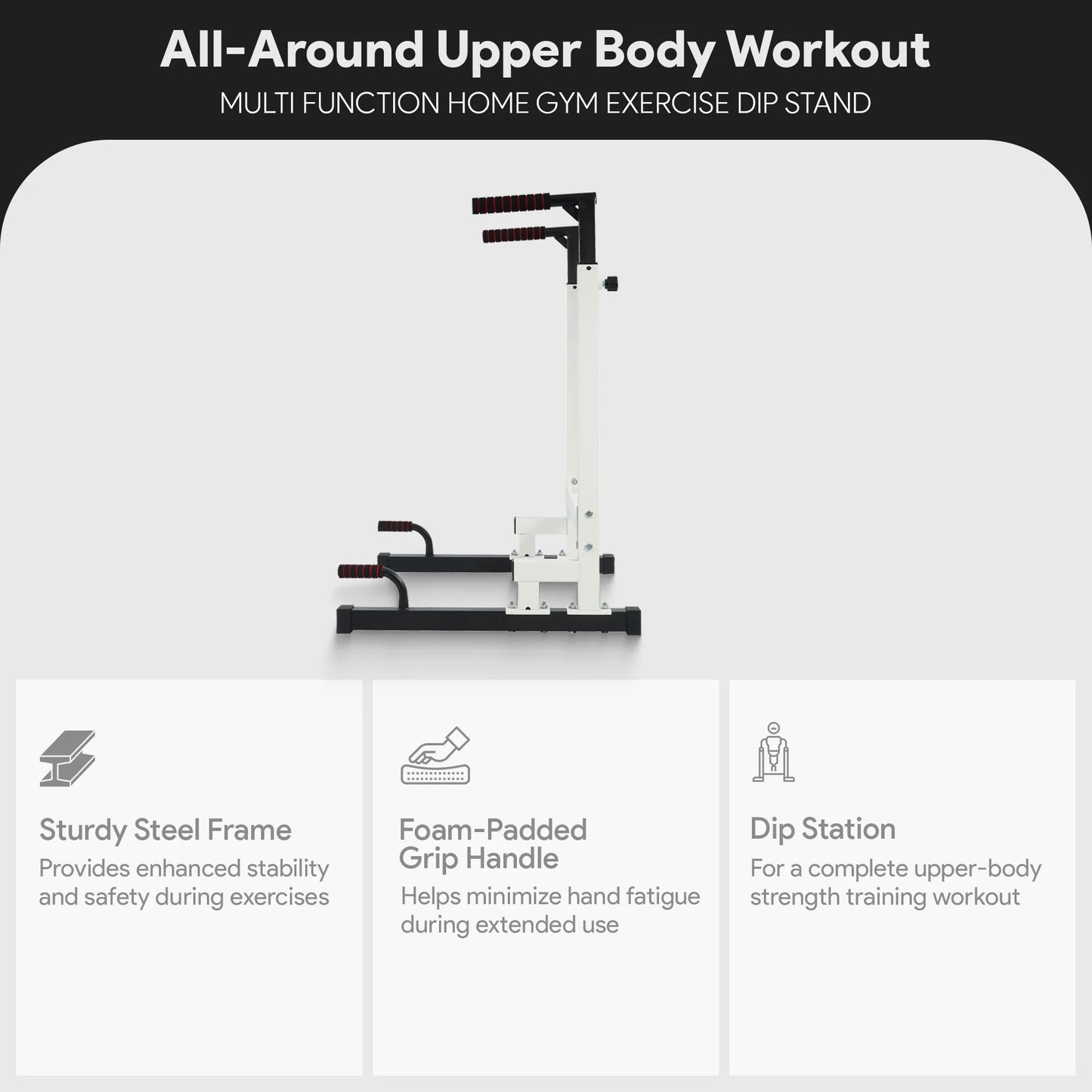 Adjustable Height Steel Frame Dip Station with 500 lb Weight Capacity - White