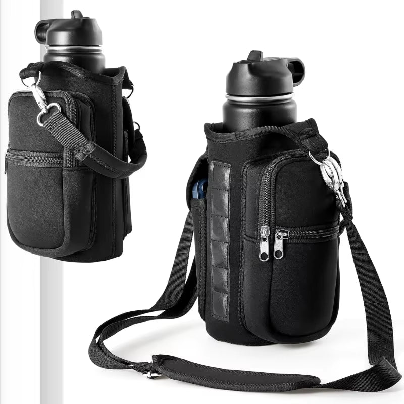 Magnetic Water Bottle Carrier with Phone Pocket and Shoulder Strap - 6 Built-In Magnets
