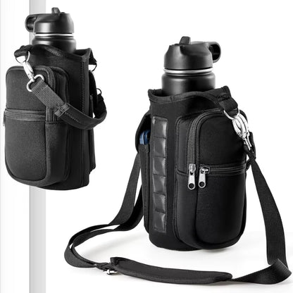 Magnetic Water Bottle Carrier with Phone Pocket and Shoulder Strap - 6 Built-In Magnets