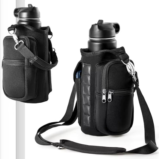 Magnetic Water Bottle Carrier with Phone Pocket and Shoulder Strap - 6 Built-In Magnets