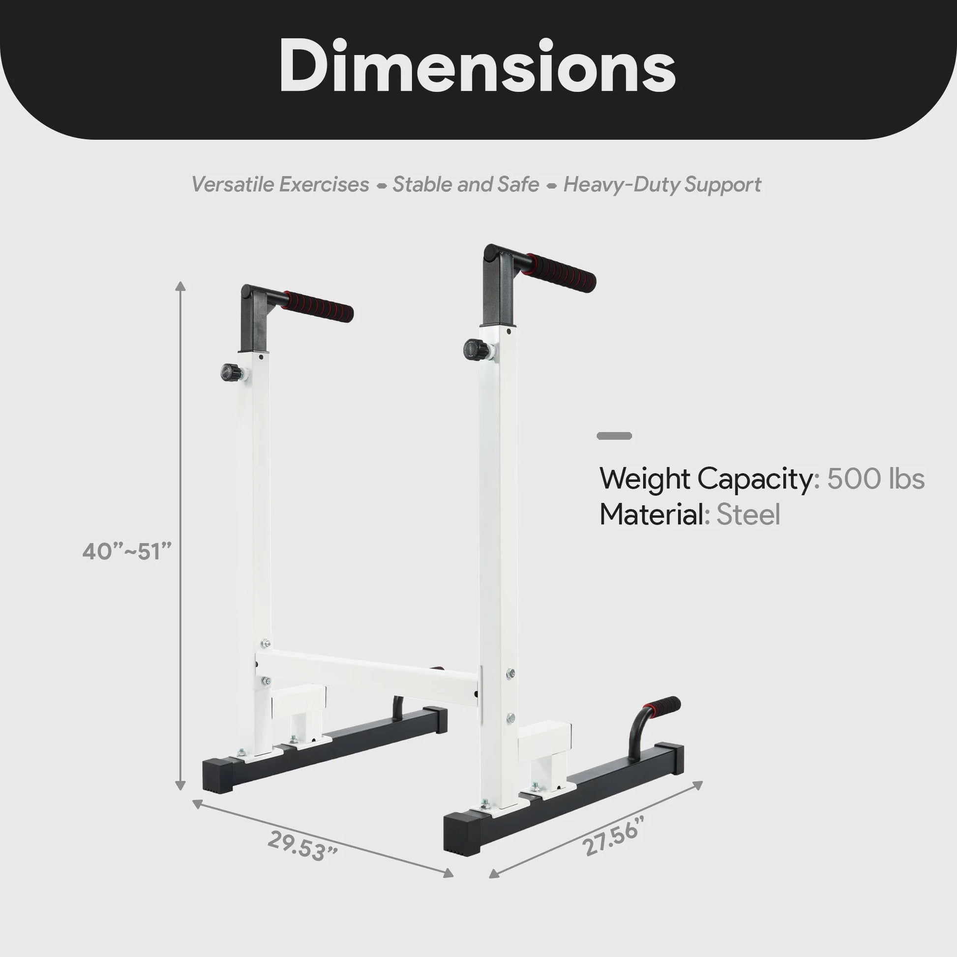 Adjustable Height Steel Frame Dip Station with 500 lb Weight Capacity - White
