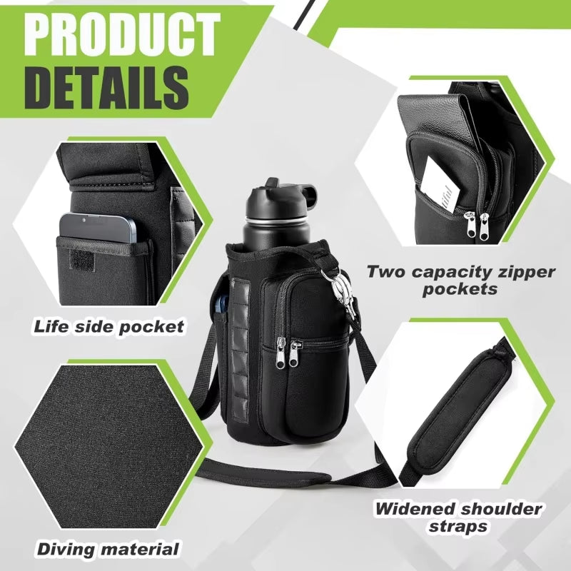 Magnetic Water Bottle Carrier with Phone Pocket and Shoulder Strap - 6 Built-In Magnets
