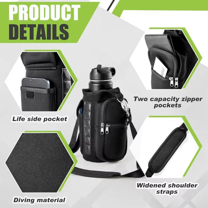 Magnetic Water Bottle Carrier with Phone Pocket and Shoulder Strap - 6 Built-In Magnets